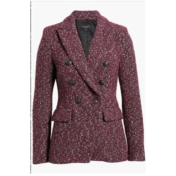 NWT RAG & BONE "Preston" Burgundy Tweed Boucle Double Breasted Blazer Jacket 2 - Picture 8 of 16